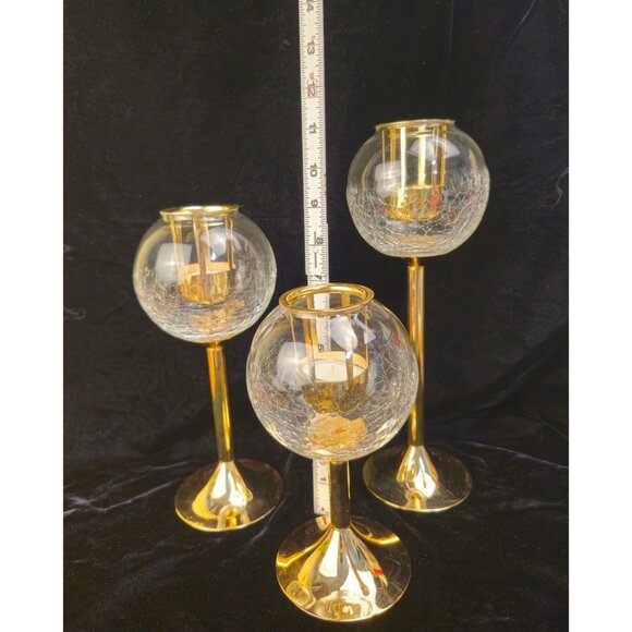 Elegant Vintage Gold & Glass Crackle Candle Holders Set Of 3 With Tall Stems & T - Picture 2 of 6